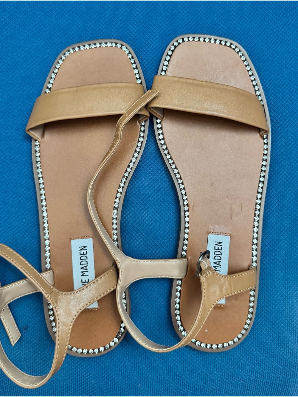 Steve Madden Tan Rhinestone-Edged Ankle-Strap Sandals